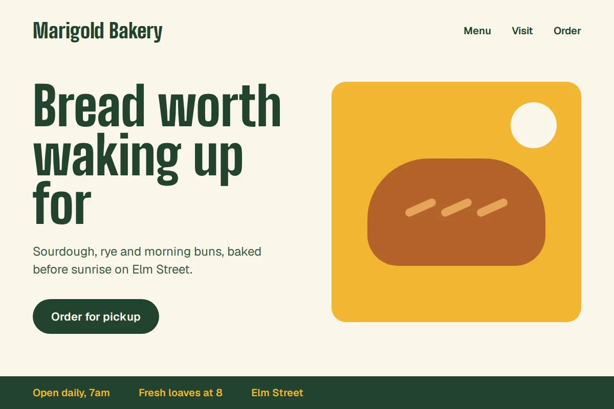 An example homepage for a bakery.